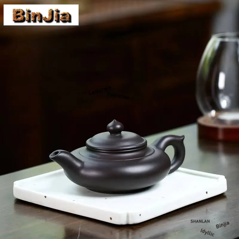 

170Ml Elegant Yixing Purple Clay Teapots Handmade Flat Laughing Sakura Pot Raw Ore Black Mud Kettle With Infuser Zisha Tea Set