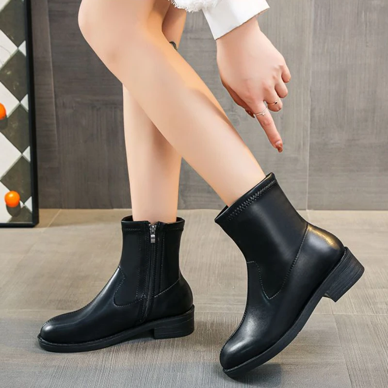 Booties Waterproof Footwear Elegant with Medium Heels White Short Shoes for Women Leather Female Ankle Boots Autumn Boot Chic Pu