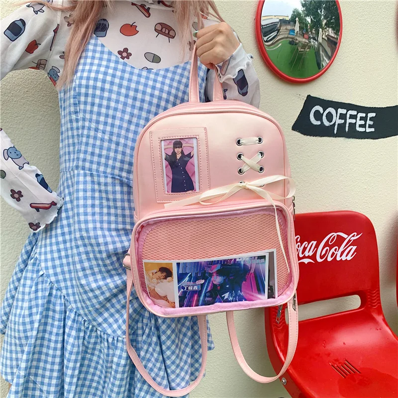 Aesthetic White Ita Daypack Clear Window Photo Badge Display Bow Lace up Design Multi Pocket Teen Girls School Travel Backpack