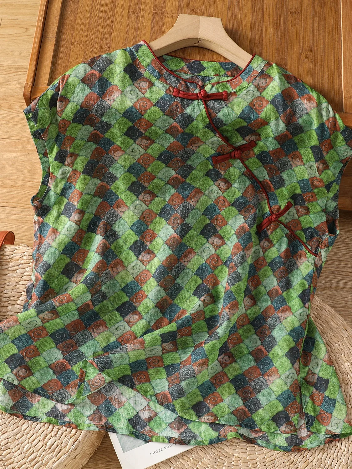 

Китайский винтажный модифицированный хлопковый льняной топ с принтом, женский летний тонкий воротник-стойка с боковыми пуговицами