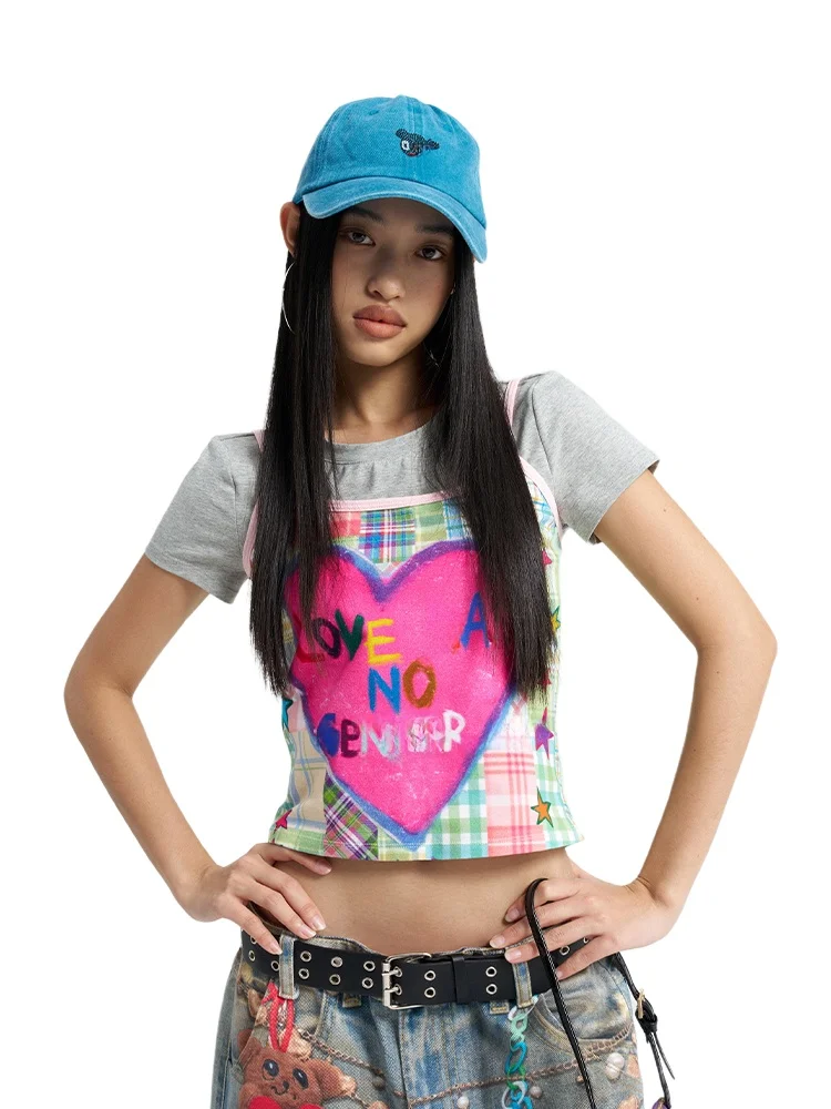 

Faionable MOF Heart Print ter Vest Sweet And Spicy Sle ort Sve Top for Young Women Original Design round Ne