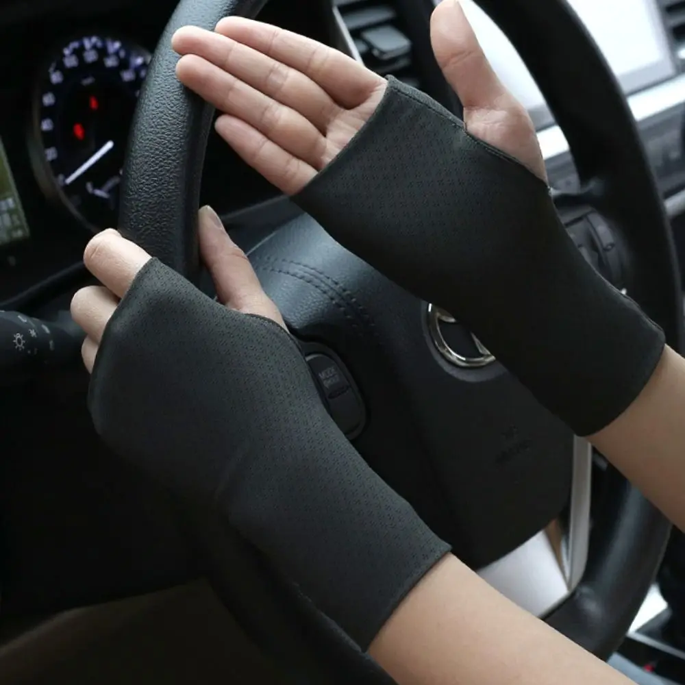 

Эластичные перчатки без пальцев, тонкие анти-УФ-защитные перчатки с половиной пальца, однотонные защитные браслеты на запястье, варежки из ледяного шелка, велосипедные перчатки