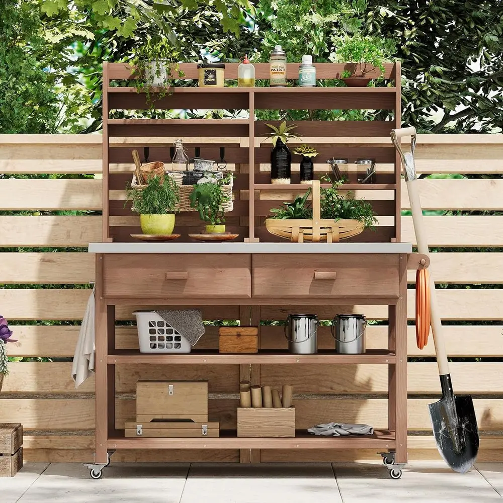 

Durable 64.9 High Wooden Outdoor Potting Bench with Storage, Lockable Wheels, and Towel Bar for Gardening Accessories