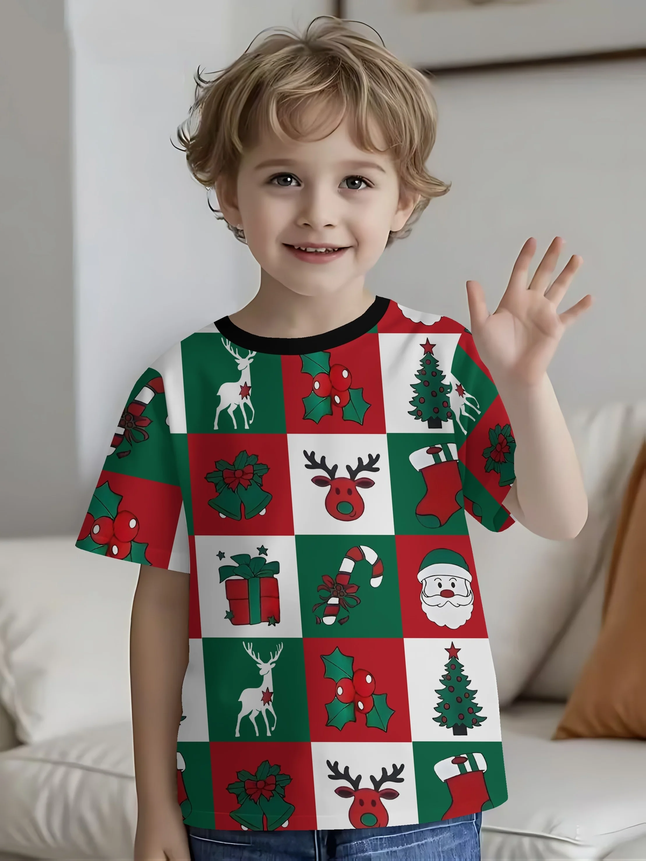 Kids Fashion Christmas Print T‑Shirt, Red‑Green Check Xmas Elements Art Short Sleeve Crew Neck Holiday Casual Tee