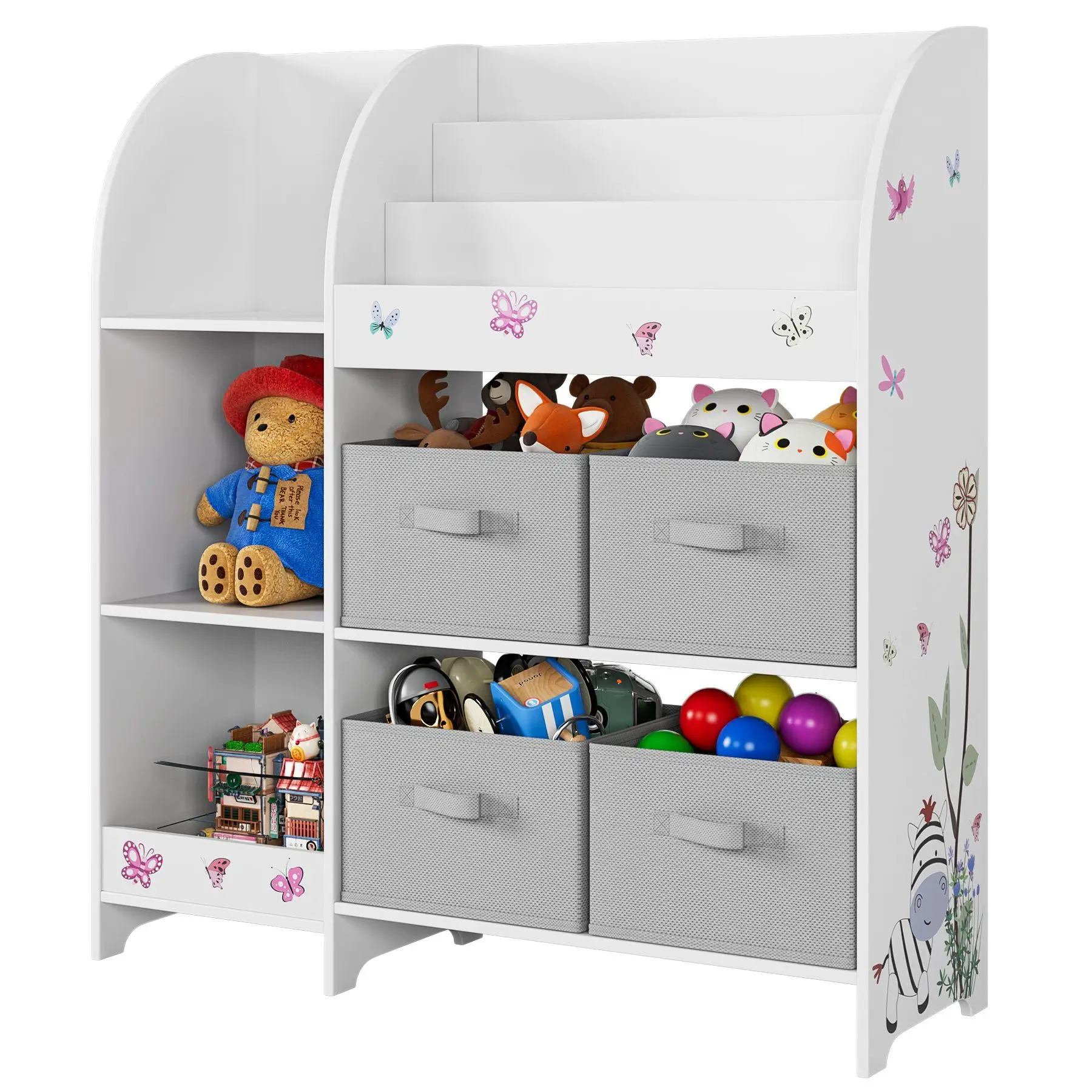 Spielzeugregal, Bücherregal Kinder, Kinderregal mit 4 Aufbewahrungsboxen, Spielzeug-Organizer für