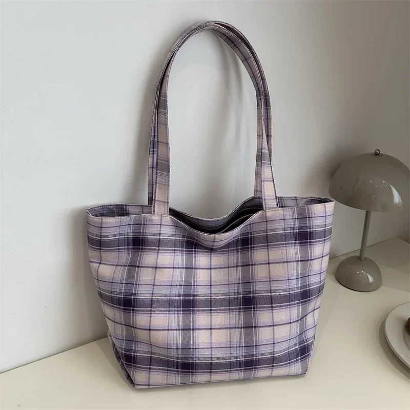 Canvas Fashion Plaid Handbag Light Travel Large Capacity Shoulder Bag