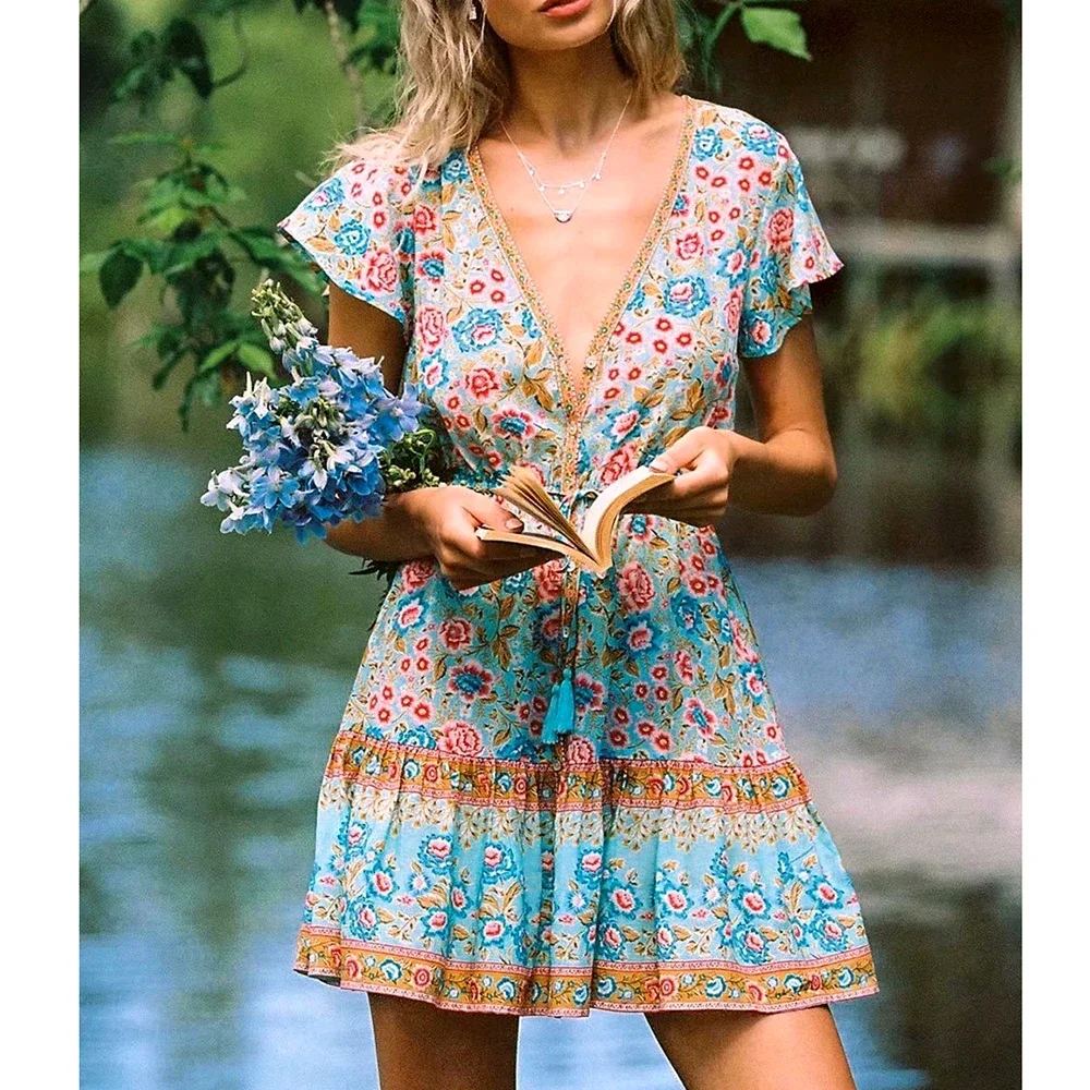 GypsyLady Floral Boho Mini Dress Vintage Casual Summer Women Dress Flare Sleeve V-neck Button Front Ladies Chic Female Dress New