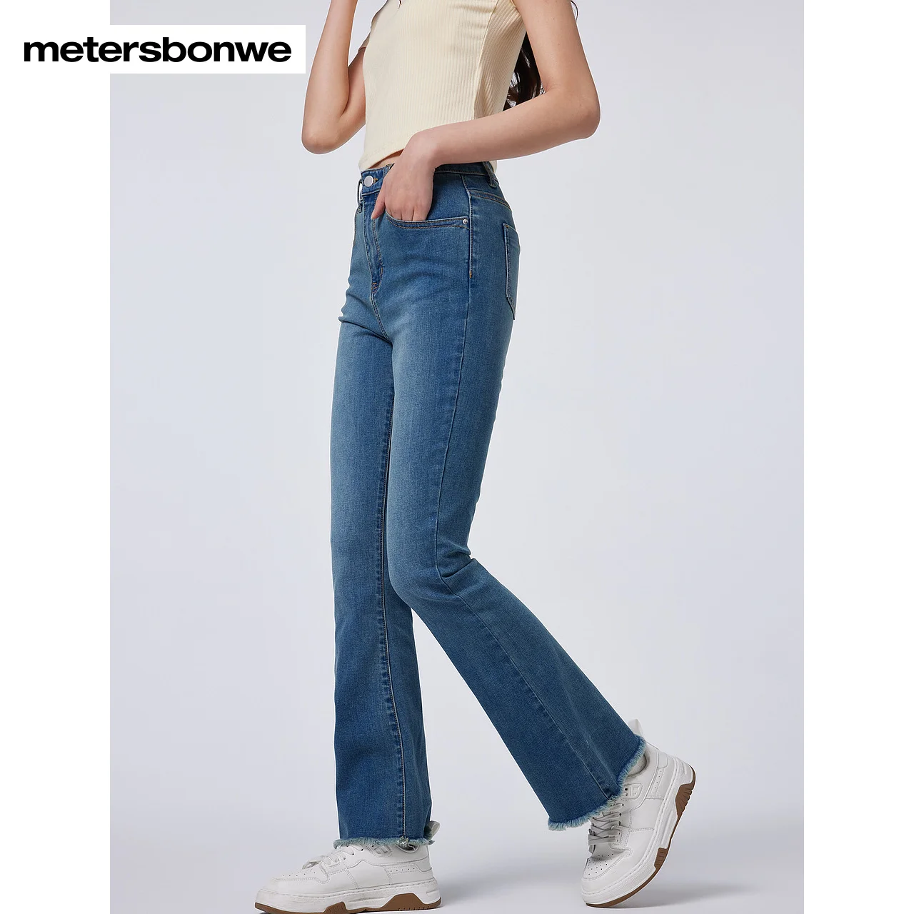 Metersbonwe-Women's Comfortable High Elastic Slim Flared Jeans High Waist Foot Edge Grinding Design Denim Trousers  Perennial