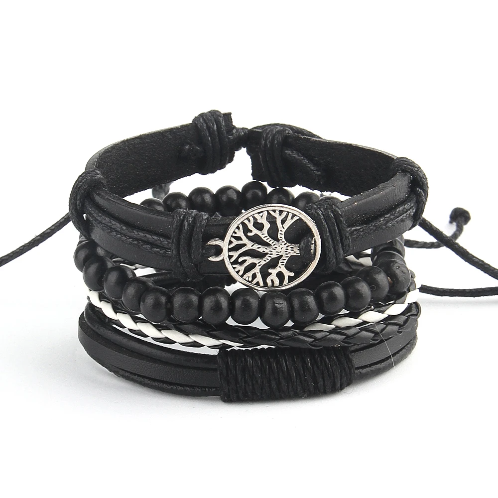 Multilayer Bracelets Vintage Beads Braided Wrap Leather Bracelets For Men Vintage Life Tree Rudder Charm Wood Beads