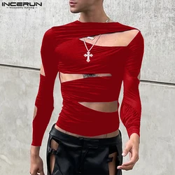 INCERUN Handsome Men's Tops Stylish Hollow Out Deconstruction T-shirt Sexy Male Party All-match Long Sleeved Camiseta S-5XL 2025