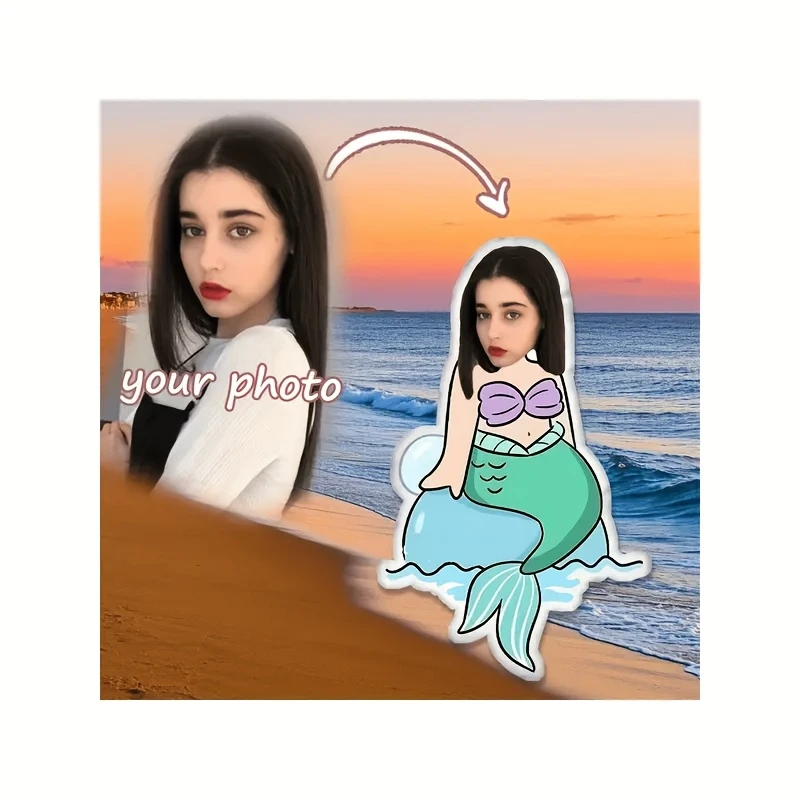Customize a Humorous and Amusing Mermaid Pillow with Personalized Face and Body Pattern Design, Featuring Digital Double-sided P
