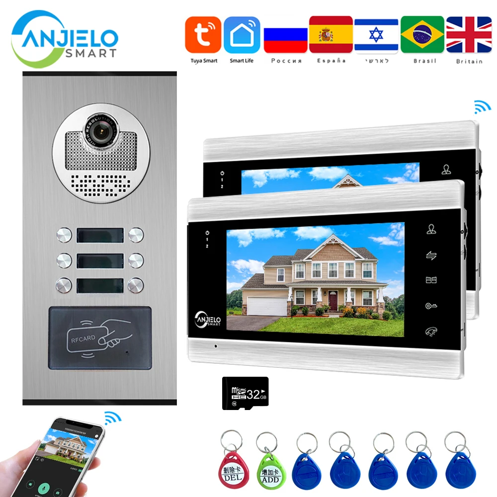 Tuya Wifi 7 Inch Apartment Building Video Door Phone Intercom System 2 to 12 Units Wired  Video Intercom Doorbell Rfid Access