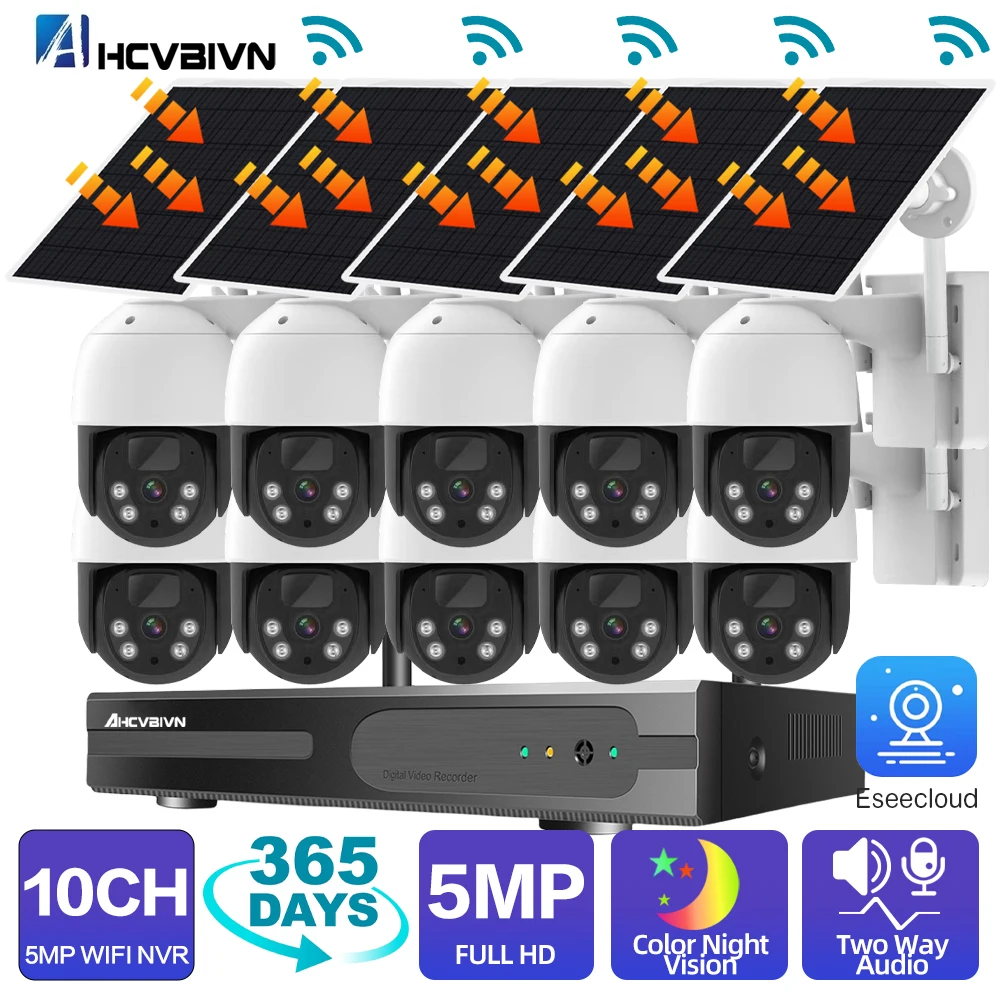 100% Wire-Free Solar PTZ Home Security Camera System Wireless 2K 4MP Color Night Vision CCTV Surveillance Kit 5MP 10CH WiFi NVR