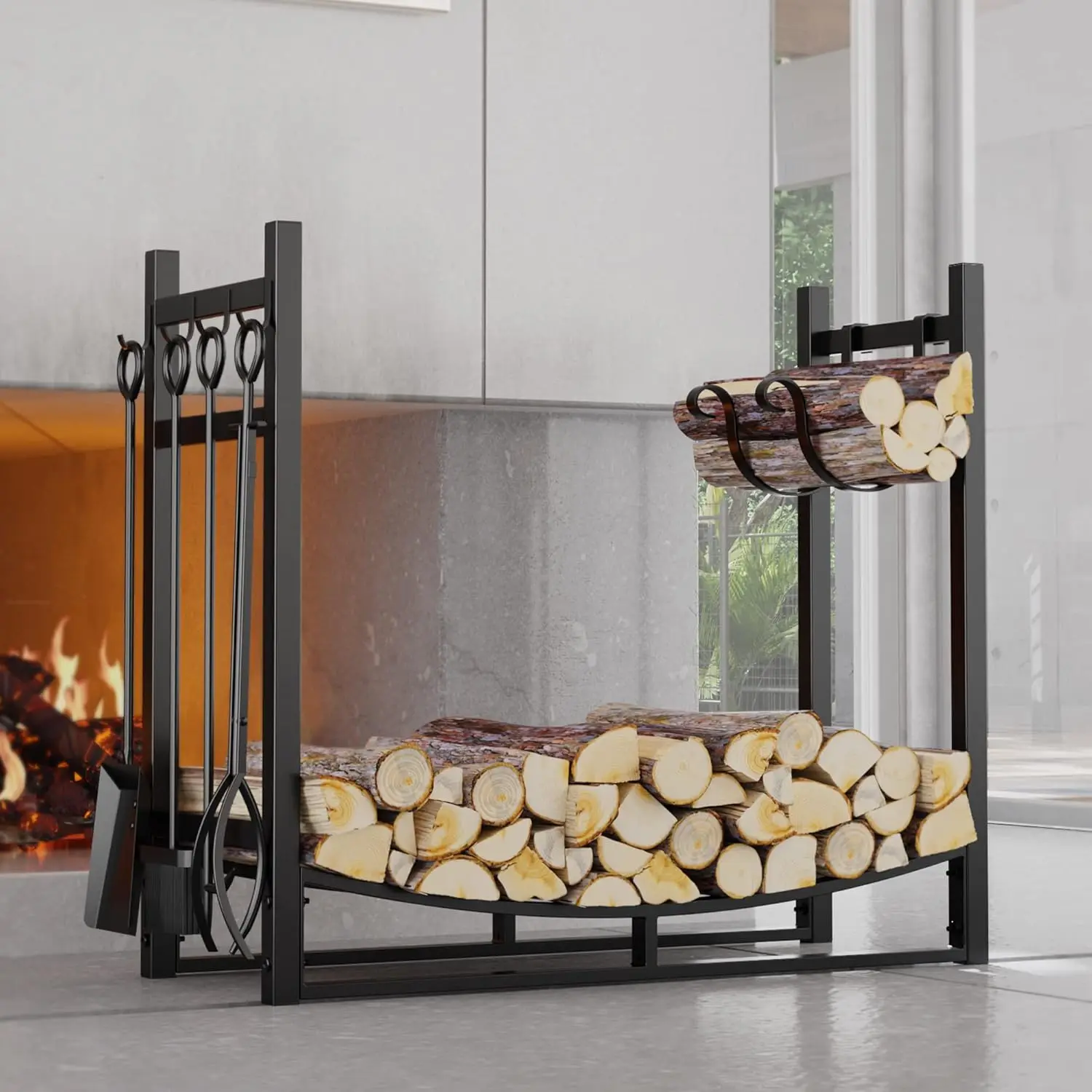 

Fireplace Log Rack with Kindling Holder Firewood Holder for Wood Storage Storage Log Holder Include 4 Tools (19.8)