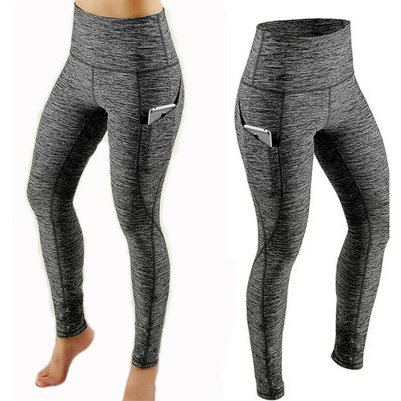 Slim Fitสูงเอวกีฬากางเกงกระเป๋าTummyควบคุมCapris Leggingsออกกำลังกาย 4 Way Stretch Leggingsกีฬากางเกง