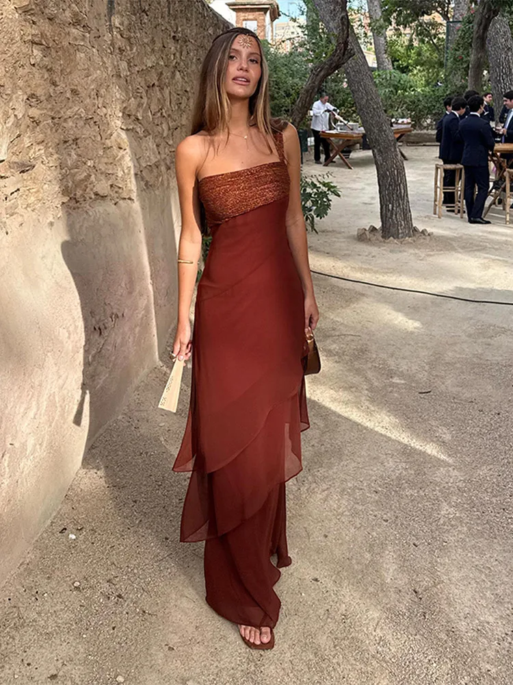 Damen Patchwork Trägerloses Maxikleid Ärmellos mit Rüschensaum und Schal Schnürkleider 2026 Sommer Elegantes Abendkleid für Damen – Detail 34