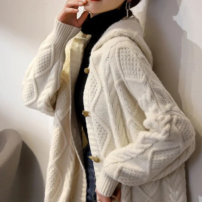 Autumn Cardigan Sweater 2023 New Knitted Cardigan Women Loose Retro Slouchy Hooded Coat Top Sweater Casual Cardigan female