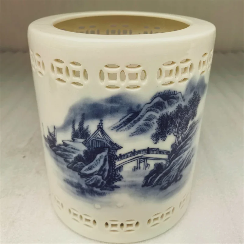 China Old White Porcelain Penholder with Hollow out Blue White Landscape Pattern Traditional Oriental Desk Accessory