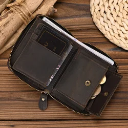 Black Soft Genuine Leather Short Wallet Zip Card Purse With Coin Photo Pocket Men Women Male Female Short Pocket Wallet