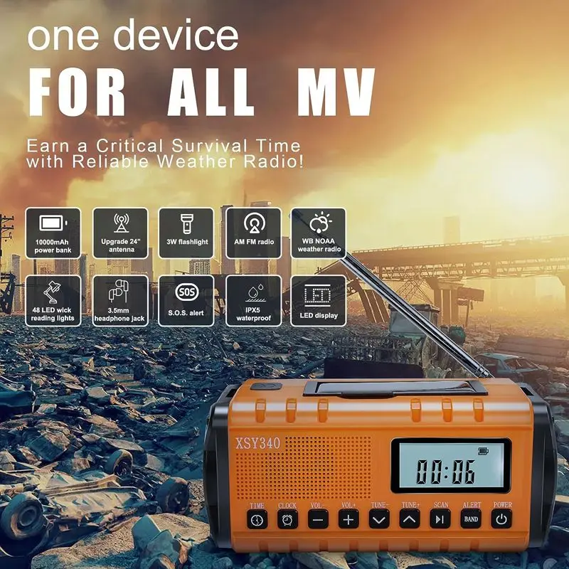 

XSY-340 Portable 10000mAh Solar Radio Rechargeable Emergency Disaster Hand Crank Weather Flashlight for Disasters