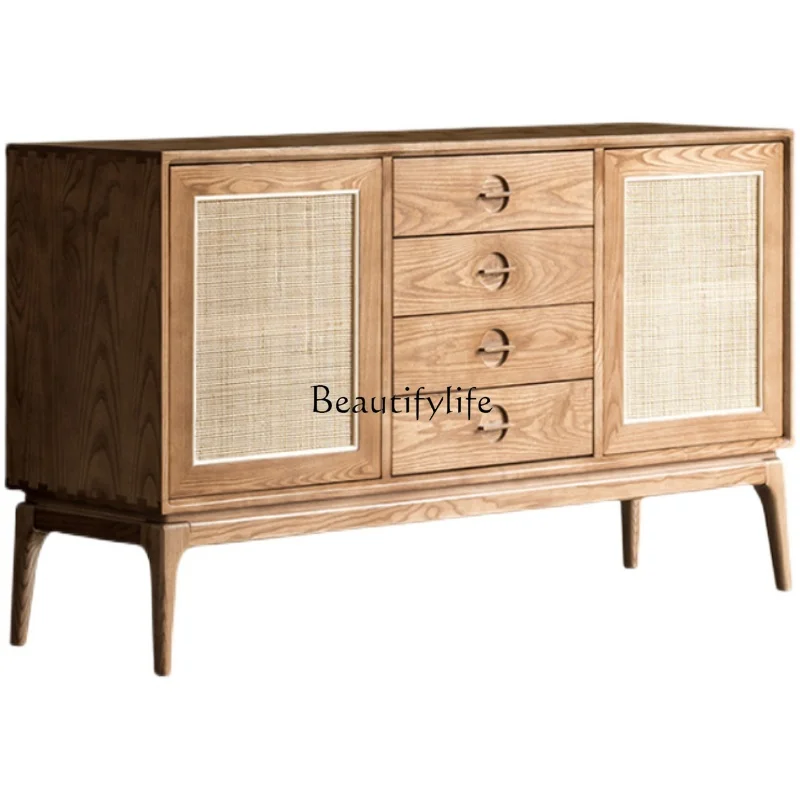 

Nordic solid wood ash wood dining side cabinet modern simple household locker medieval rattan weaving