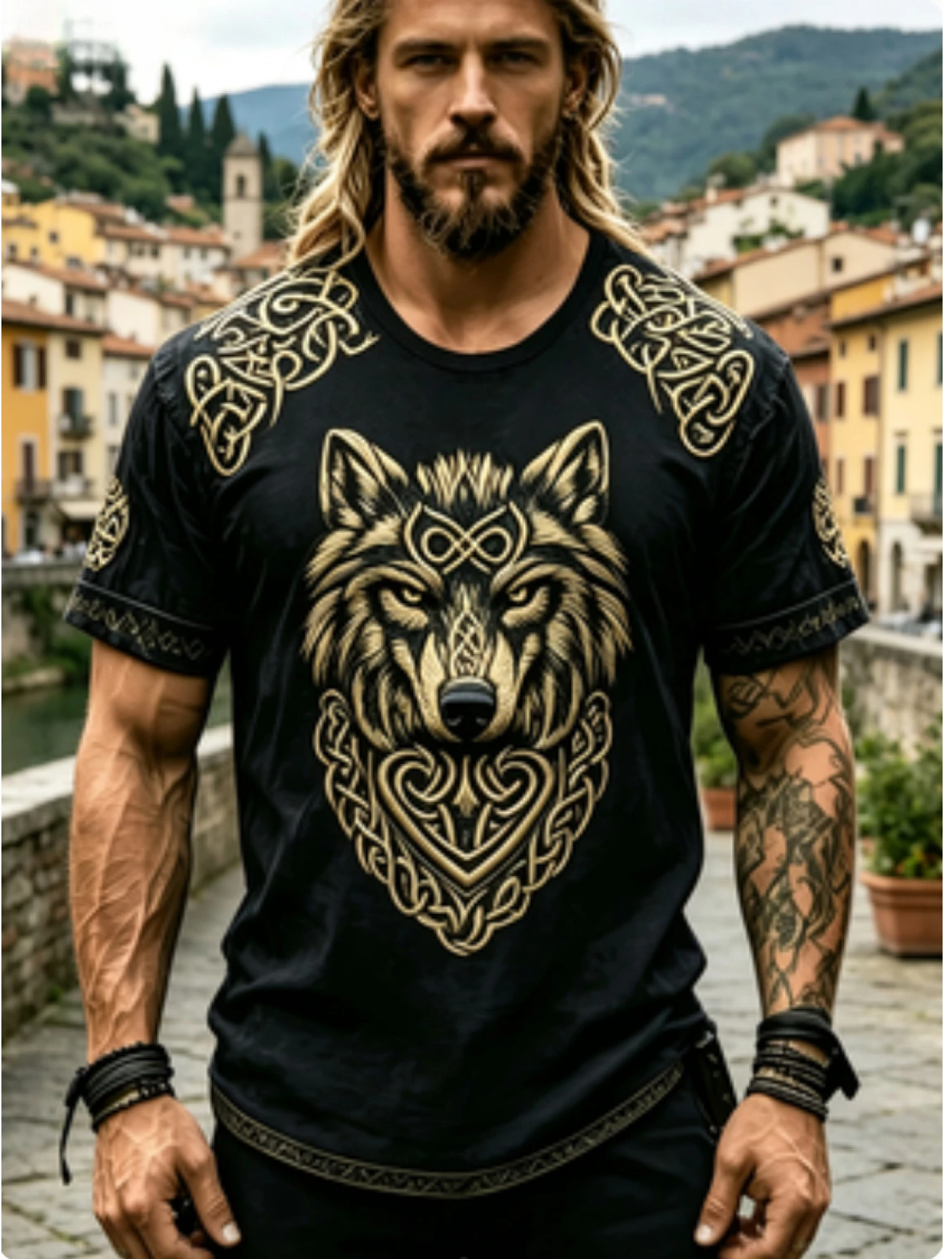 Men's Celtic Norse Wolf Graphic T‑Shirt, Vintage Viking Knot Pattern Crew Neck Short Sleeve Casual Streetwear Tee Top