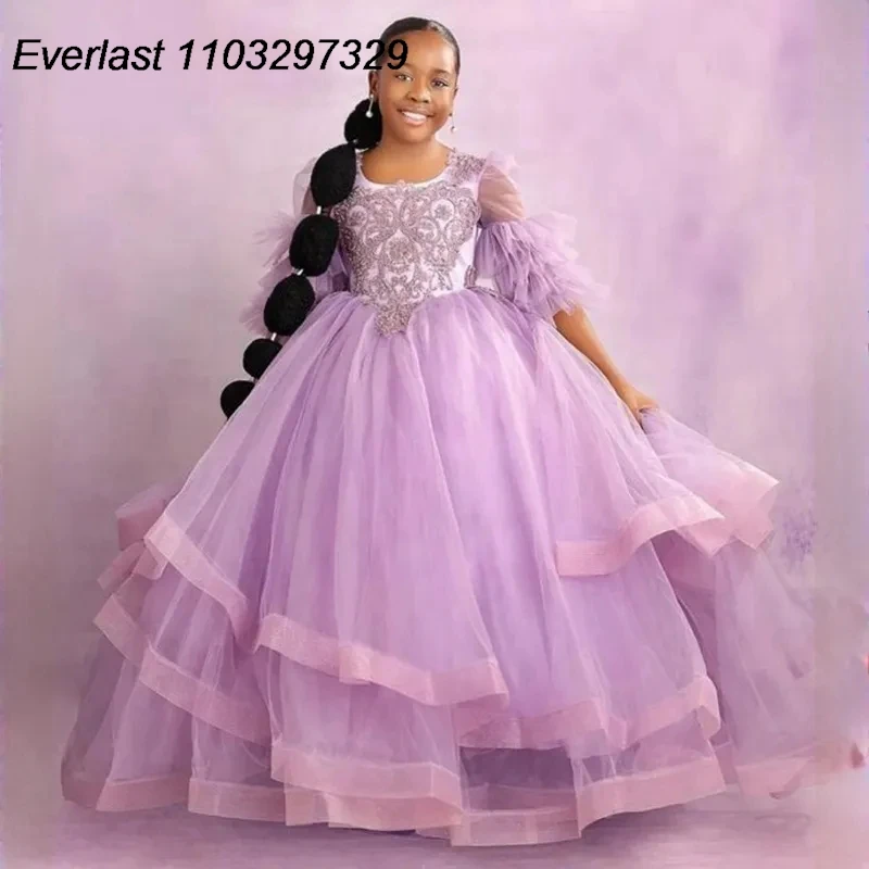 

EVLAS Customized Flower Girls Dress Lilac Lace Kids Dress for Weddings Beaded Birthday Party Communication Gowns TFD138