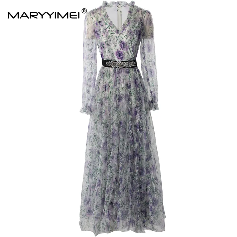 

MARYYIMEI Spring Summer Women's Dress V-Neck Lantern Sleeved High Waisted Crystal Edible Tree Fungus Edge Holiday Dresses