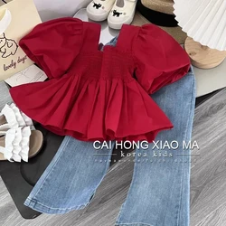 Girls Baby Summer Suit 2024 New Children's Cotton Short Sleeve Bubble Sleeve Shirt Jeans 2 Piece Set Kids Outfits  2 4 6 7Y