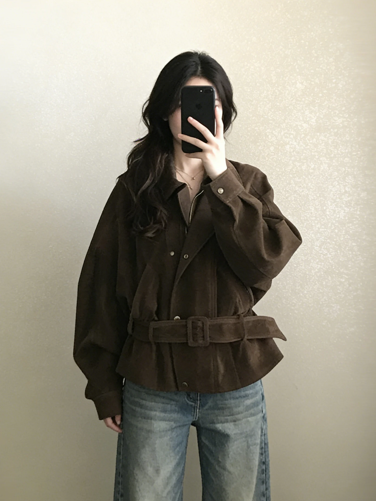 

Ретро-куртка из замши с поясом в американском стиле, женская, весна 2026, для прохладной погоды, свободного кроя, для повседневной носки, с воротником-стойкой, универсальный размер