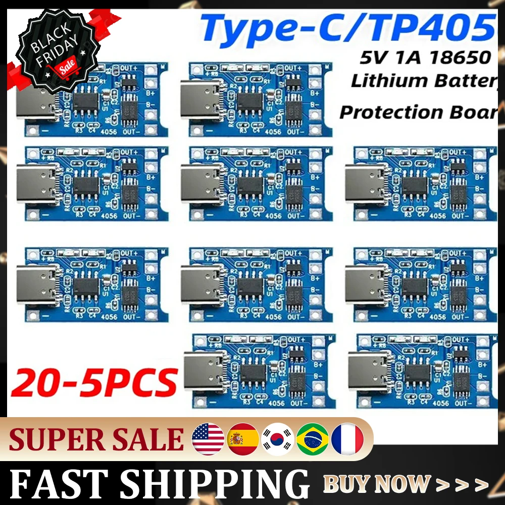 20pcs 10pcs 5pcs 1pcs Type-c 5V 1A TP4056 Lithium Battery Charger Module Charging Board With Protection Dual Functions 1A