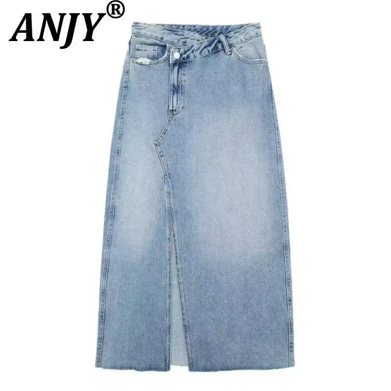 ANJY Summer New Women Chic Y2K Streetwear Elegant Ins Trendy Vintage Asymmetrical High Waisted Slimming Denim Split Skirt HK7080