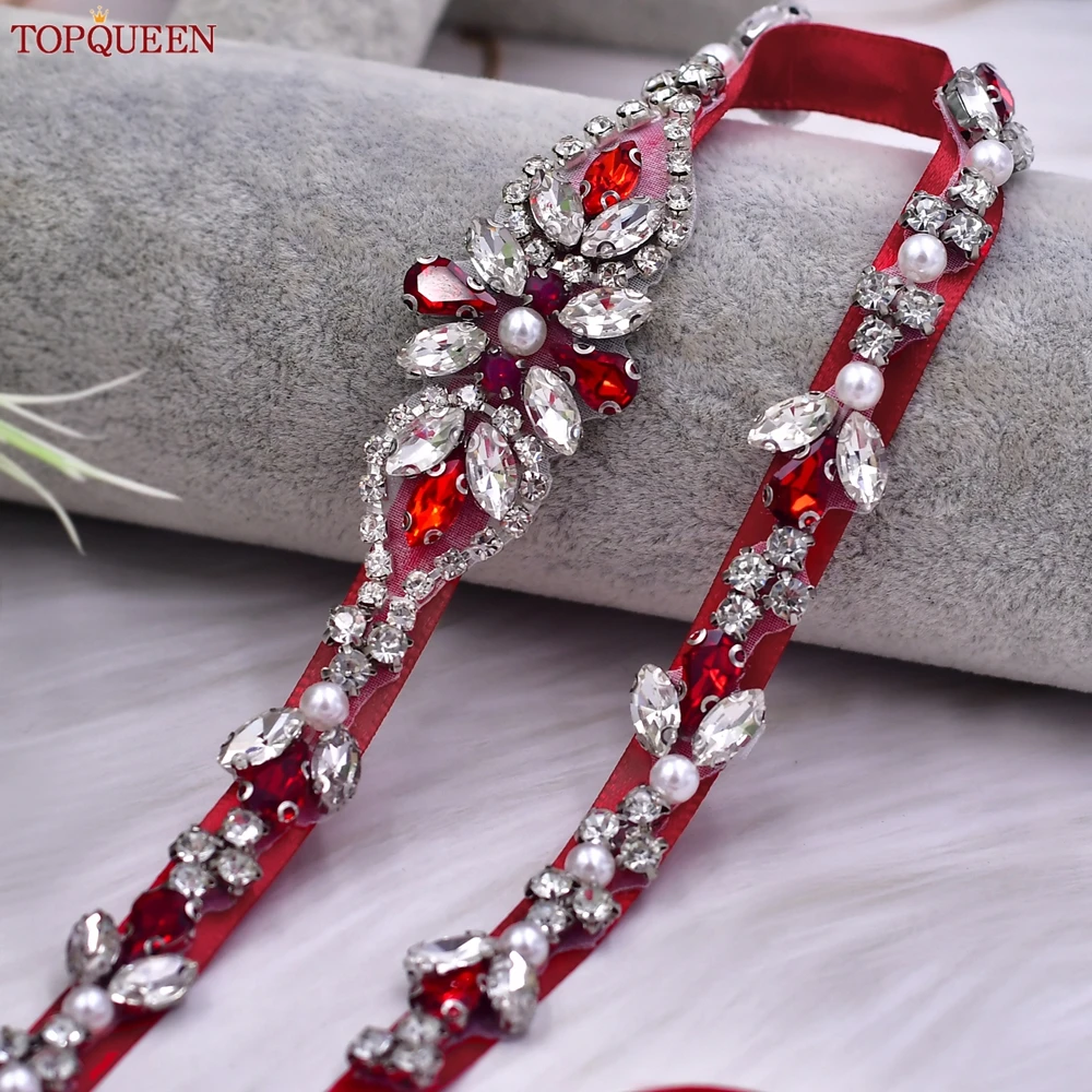 

TOPQUEEN Rhinestone Belt Hand Wedding Sash Crystal Pearl Bridal Belt For Formal Evening Dress Wedding Sash S09-Red