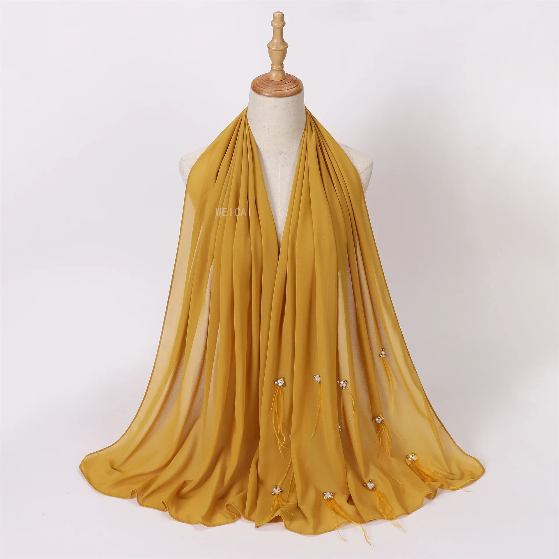 Mode nouvelle perle en mousseline de soie écharpe malais indonésie perle plume Hijab musulman voile châle enveloppement Turban Islam étole foulard Bandanas