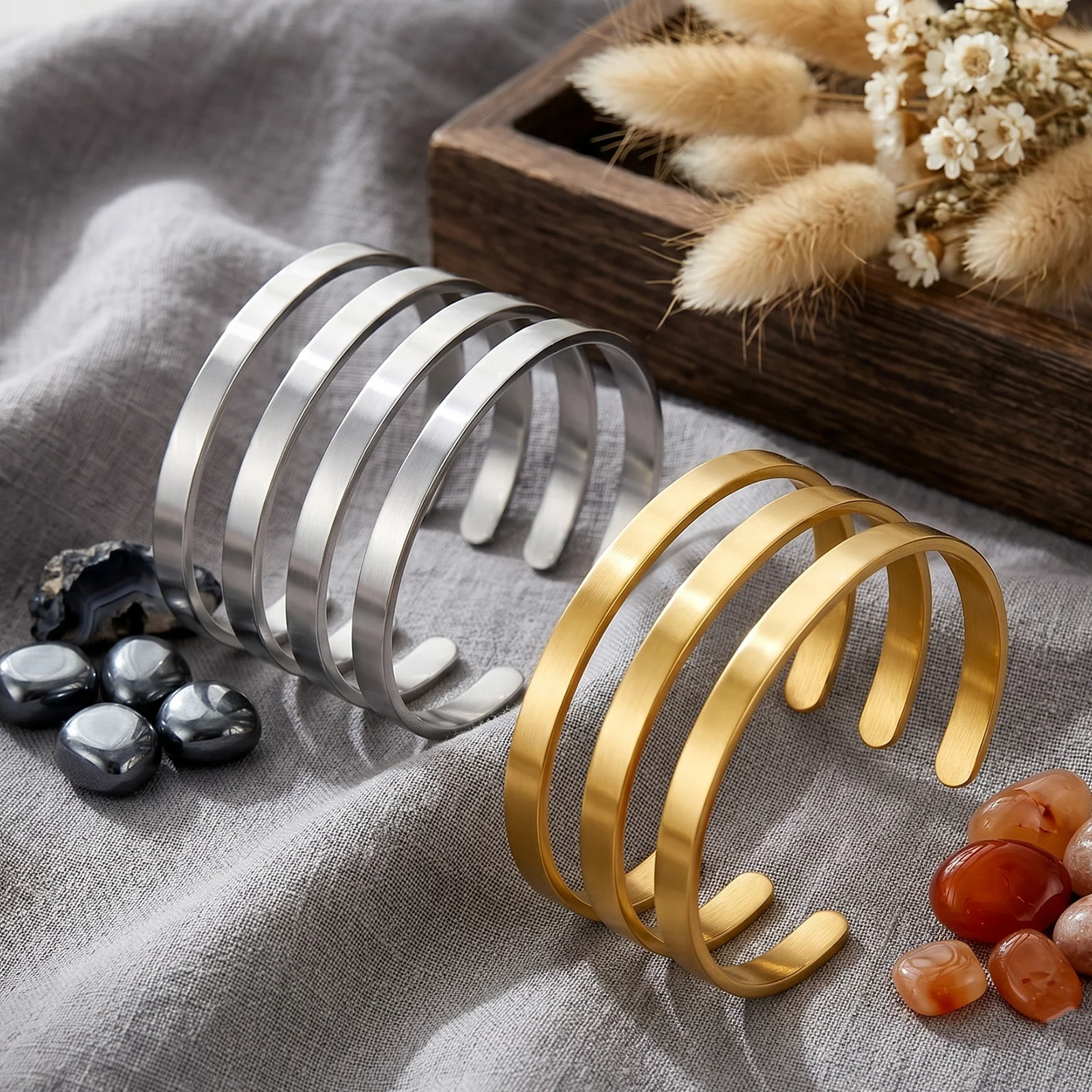 7 Pcs Stainless Steel Open Cuff Bangle Set, Silver & Gold Tone Smooth Plain Bracelets, Minimalist Stackable Wrist Jewelry Kit