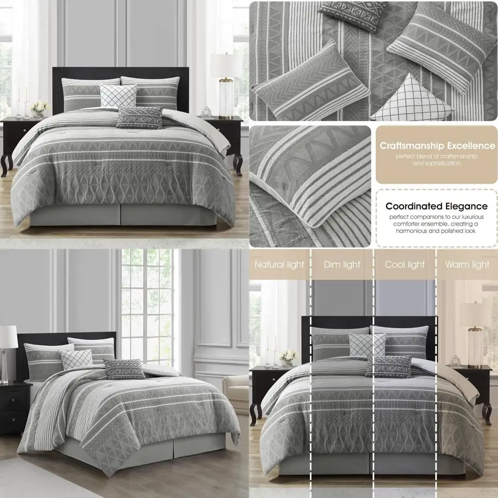 

Grey Geometric 6-Piece Queen Comforter Set with Bedskirt, Pillows, and Shams for Stylish Home Décor