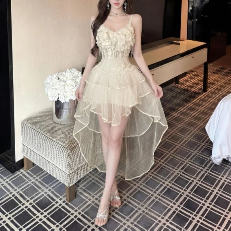 Vestido Camisero de Tirantes Finos con Diseño de Princesa Kawaii, Encaje Crema, Flores 3D, Borlas y Malla Escalonada, Estilo Asimétrico, para Fiesta de Graduación y Eventos Nocturnos de Mujer