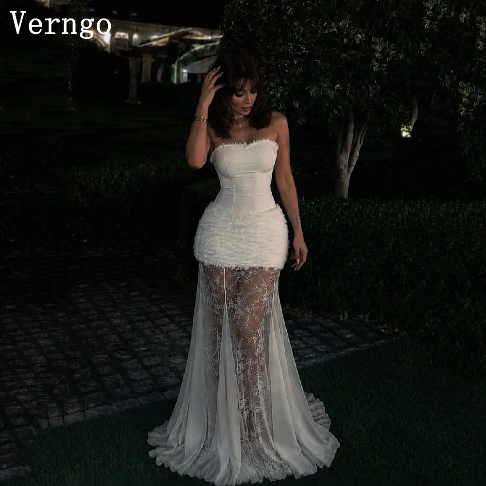 Verngo Luxury Lace Bridal Gowns Strapless A Line Illusion A Line Bride Dresses Sexy Prom Wedding Dress After Party Customized
