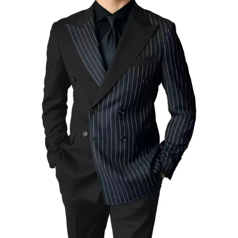 WVGA New Men's Spring Autumn Color-Block Striped Trendy Blazers Niche Chic Casual Straight Suit Pants Two Pieces Sets Ins W22238