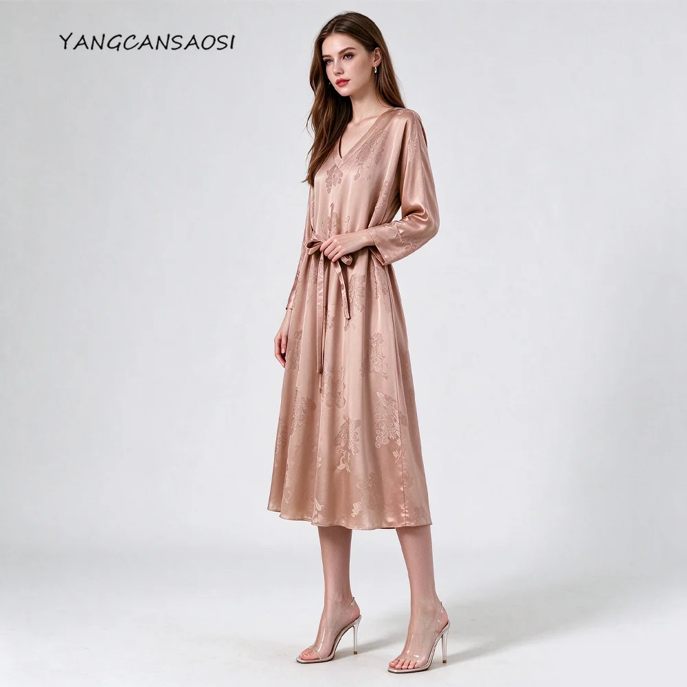 Premium 50MM 100% Natural Mulberry Silk Gambiered Guangdong Gauze V-neck Long Sleeved National Style Leather Pink Jacquard Dress