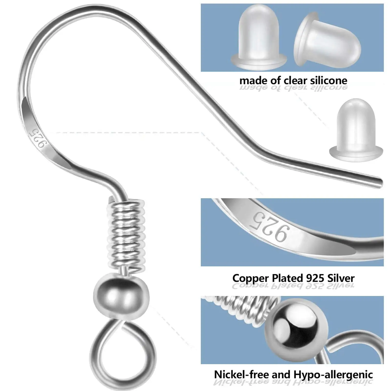 400pcs Hypoallergenic Earring Making Kit,925 Silver Ear Wires Fish Hooks,ump Rings,Clear Silicone Backs Stoppers - view 4