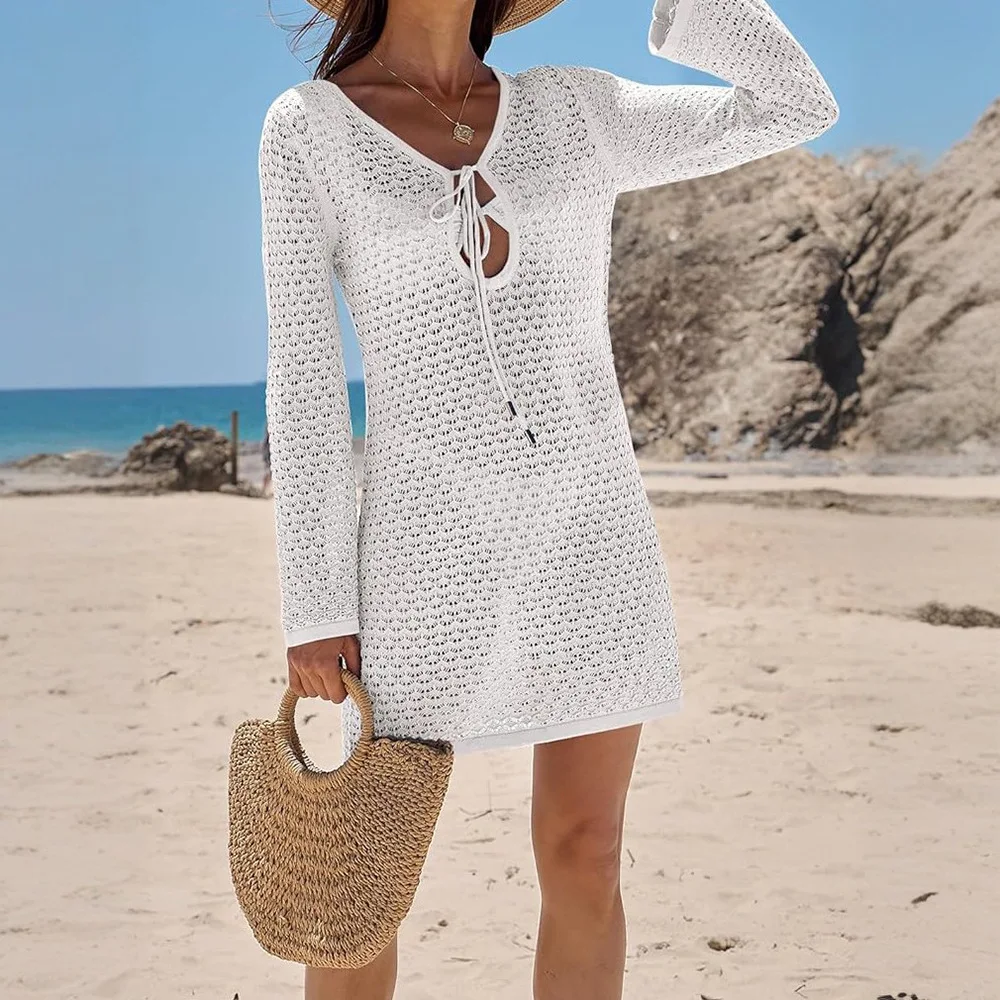 New Sexy Hollowed Out V-Neck Long Sleeved Knitted Beach Skirt Bikini Swimsuit Cover Up Sun Protection Clothing For Women