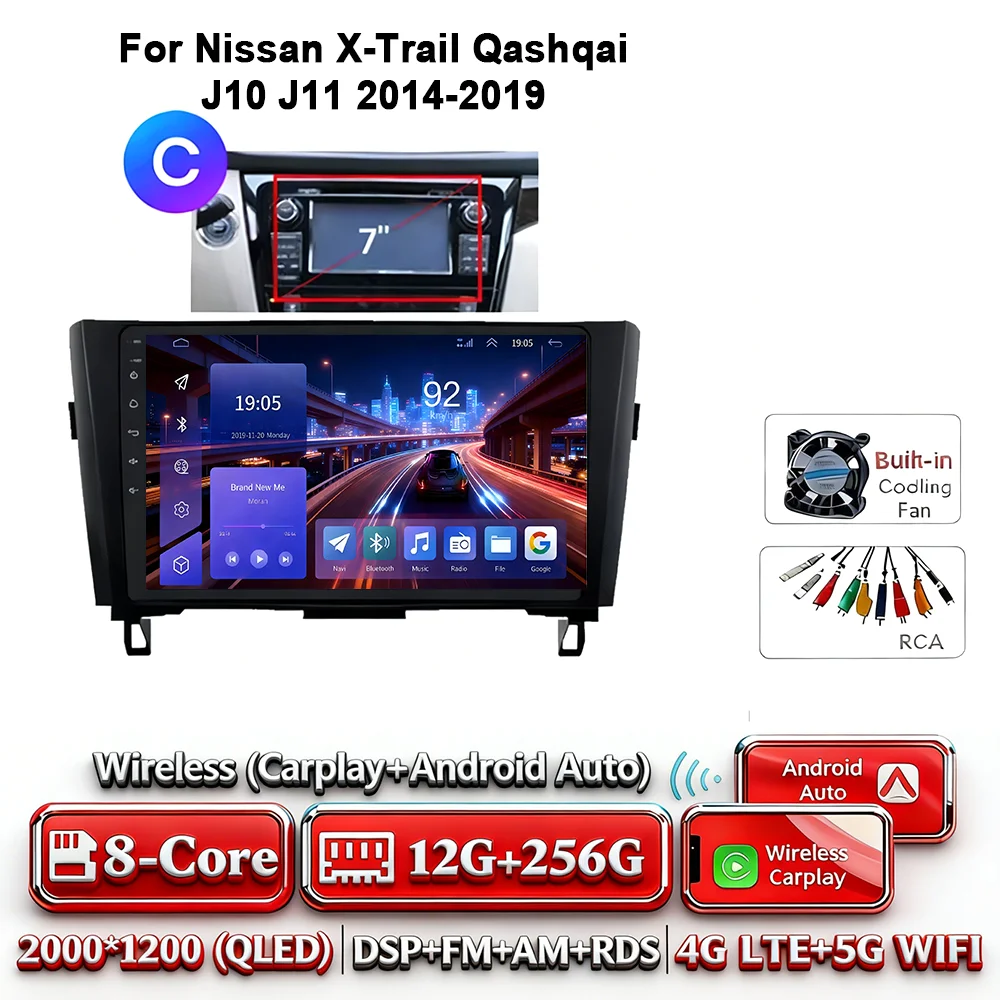 8-Core Android 17 2Din autoradio voor Nissan X-Trail Qashqai J10-J11 2014-2019 draadloze Carplay 4G GPS DSP BT dubbele lens
