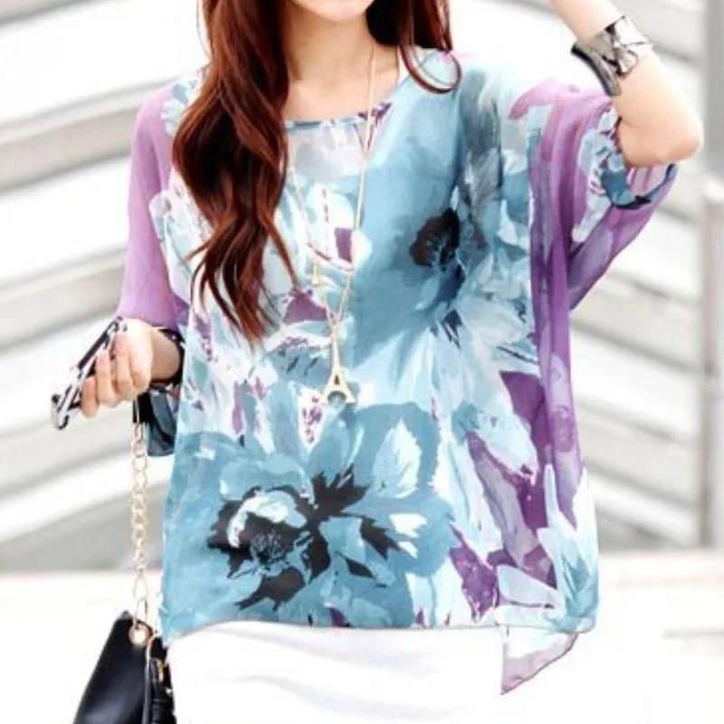 New Bohemian Floral Print Chiffon Blouse Women Shirts O Neck Bat Sleeve Vintage Loose Casual Beach Shirt