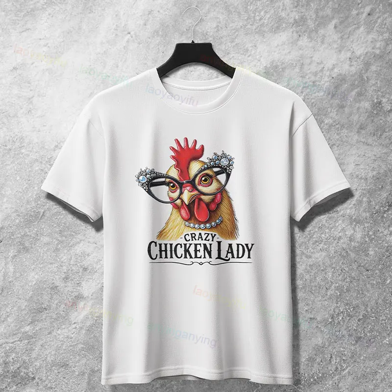 

Women's Funny Crazy Chicken Lady Graphic T-shirt 100% Cotton Short Sleeve Round Neck Fashion Casual Humor Style Tee Streetwear