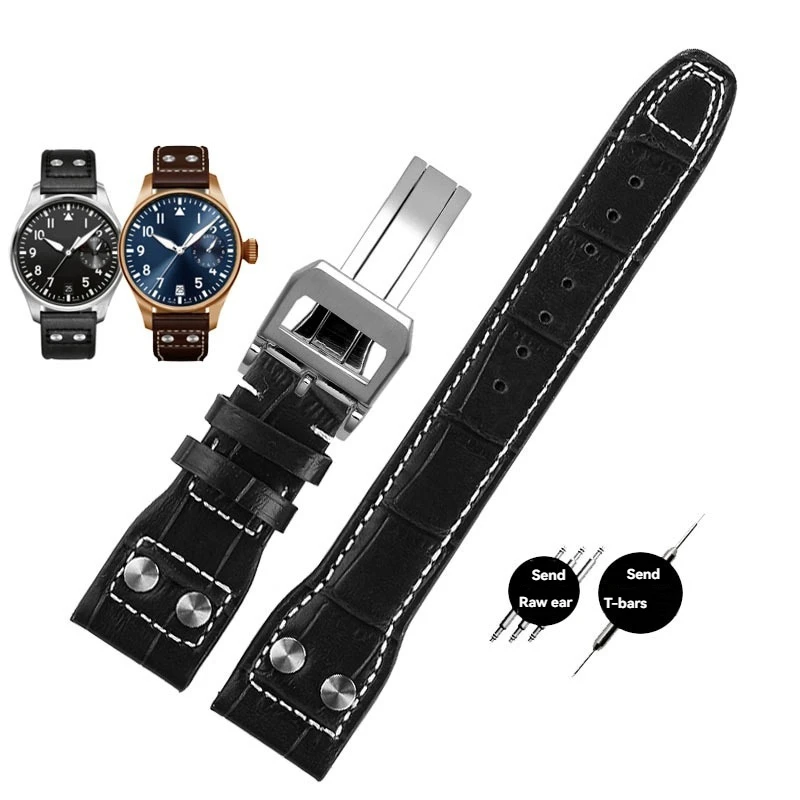 Cowhide lea/ther watch strap 22mm with rivet black brown blue men women replacement watchband Accessories For IWC pilot mark-xx