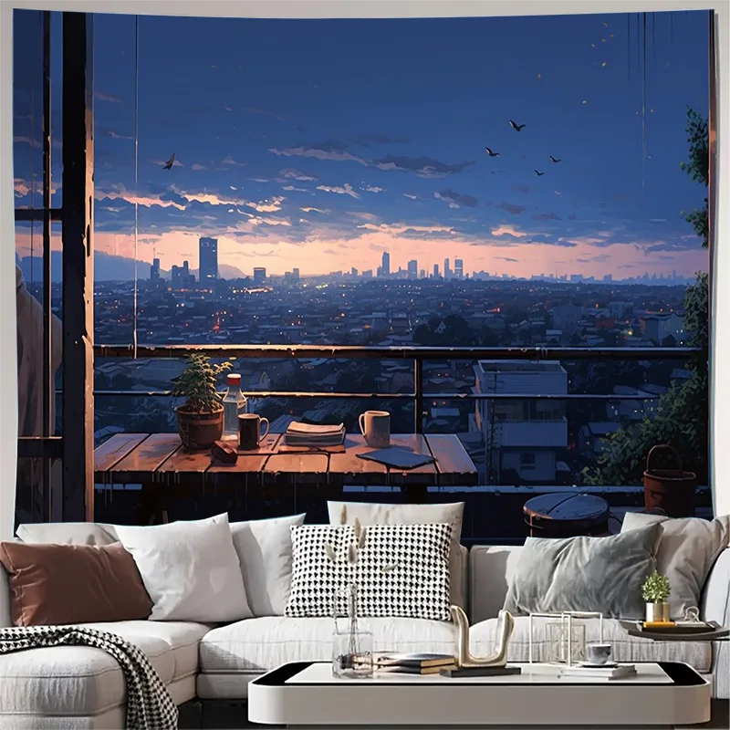 City Sunset Balcony View Wall Tapestry Machine Washable All Season Decor Art Print Urban Landscape Design Home Easy to clean