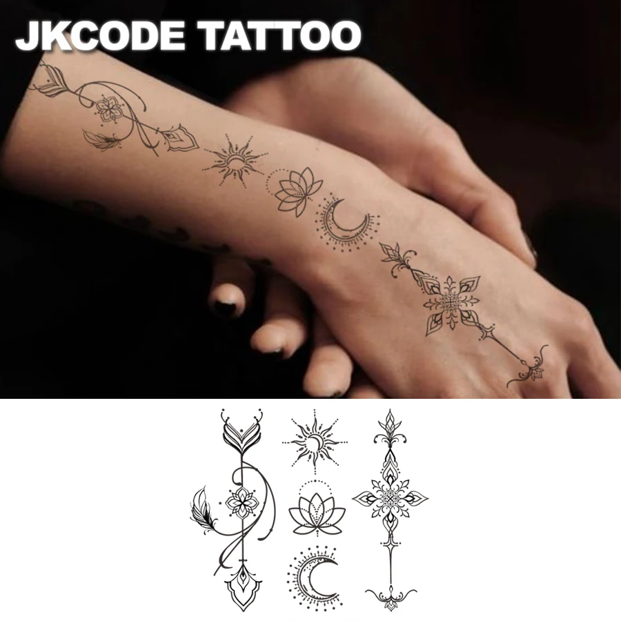 

Татуировка с символом Санскрита - Травяная временная татуировка с мистическими томатами Санскрит - Лук и стрела, Солнце и Луна, Лотос - Ближневосточная татуировка Рамадана - Татуировки с 3-линейным узором для женщин, Подходит для пальцев, Рук, Пленей, Наз