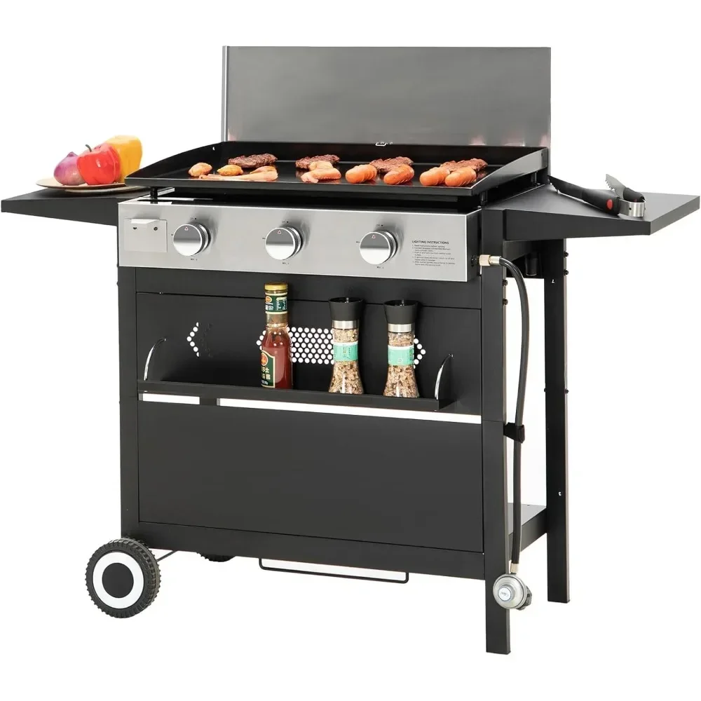 

36-Inch Flat Top Grill with Ceramic Coated Cast Iron Griddle, 3-Burner Propane Gas BBQ Griddle, Portable Outdoor Barbecue Grill