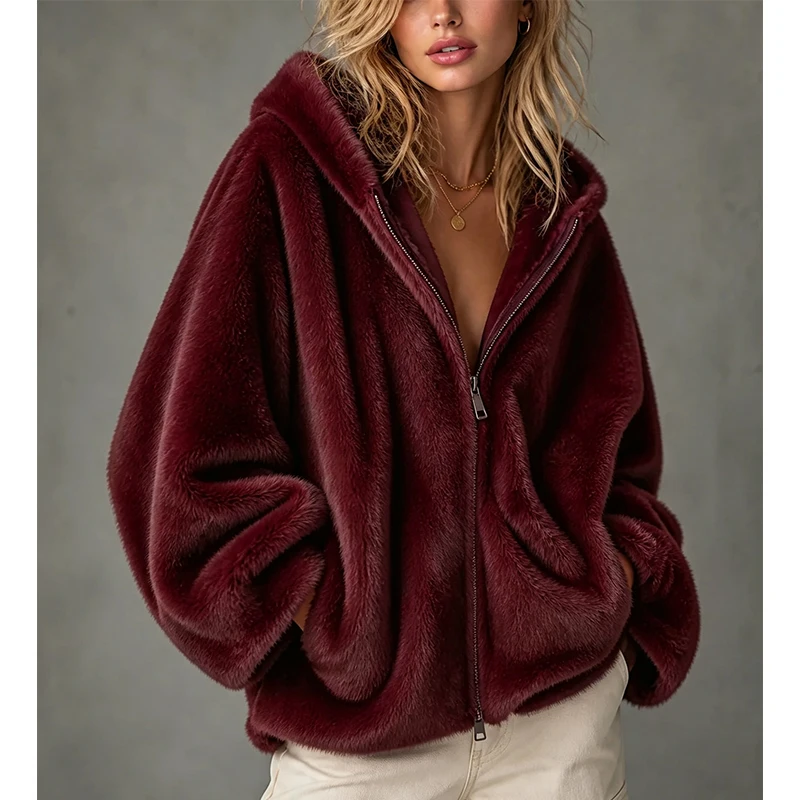 Burgundy Faux Mink Fur Hooded Jacket for Women Oversized Zip Up Fluffy Plush Coat with Side Pockets Loose Warm Winter Coat